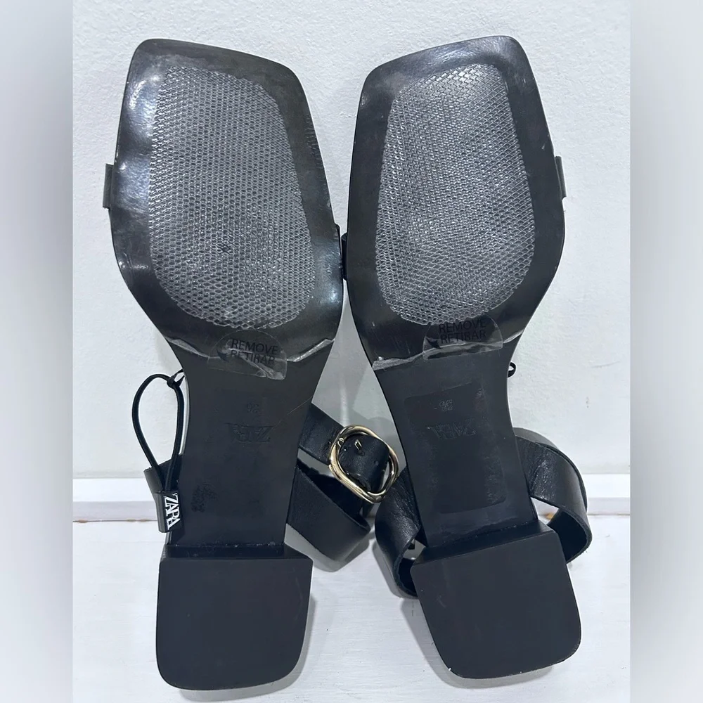Zara Womens Black Gold Upper Leather Square Toe Ankle Strap Heel Sandals Size 36 - Picture 11 of 12